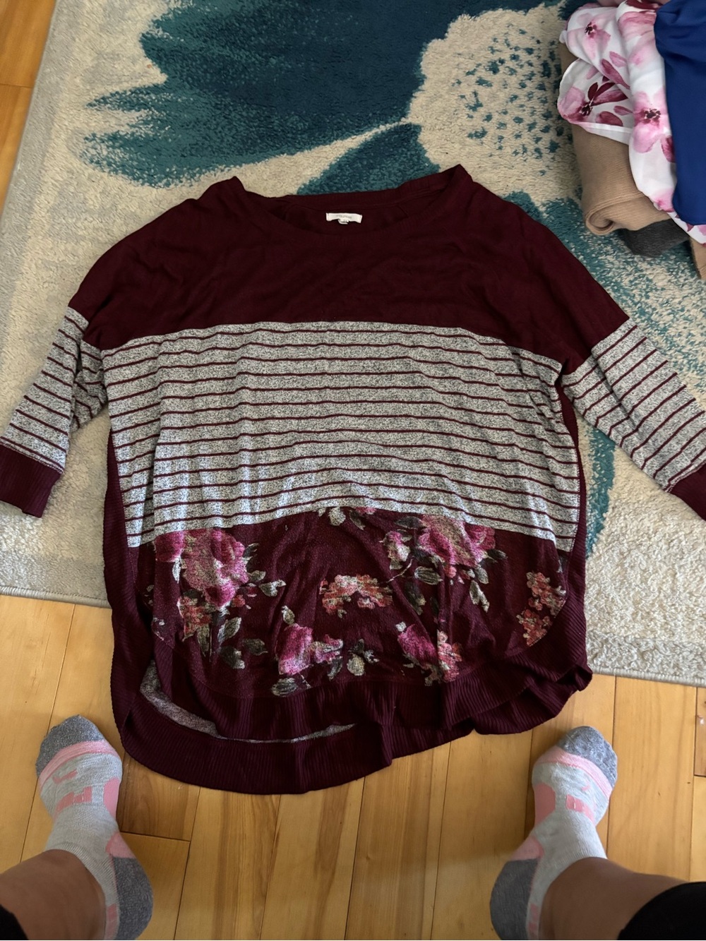 Maurices Burgundy Striped Floral Knit Top